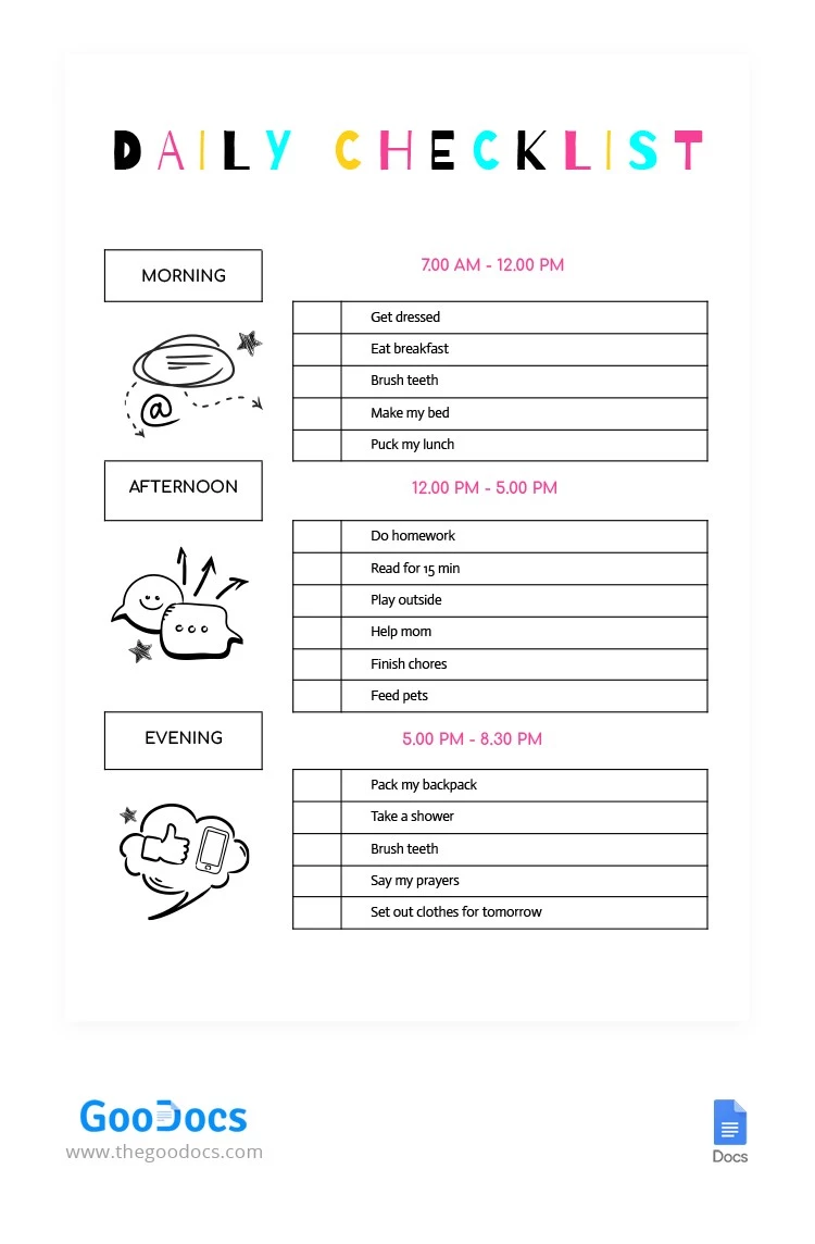 Liste de contrôle quotidienne pour les tâches ménagères des enfants. - free Google Docs Template - 10062515