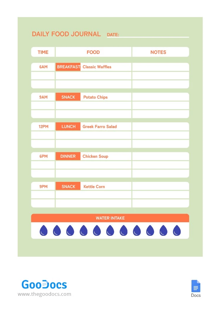 每日飲食日誌 - free Google Docs Template - 10064378
