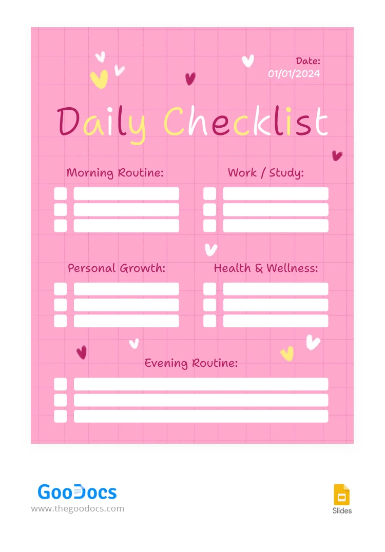 Daily Pink Bright Checklist - free Google Docs Template - 10066738