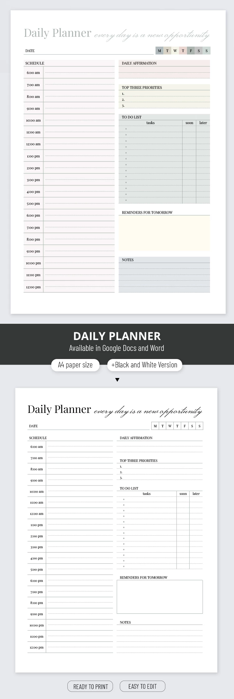 Planificateur quotidien classique - free Google Docs Template - 10069473