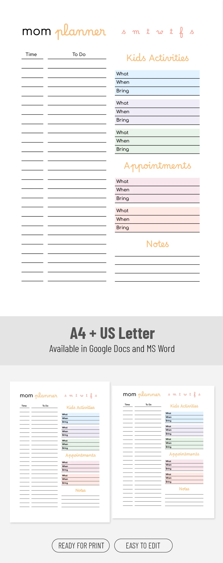 Aperçu de Organisateur quotidien pour les mamans pour Google Docs and Microsoft Word