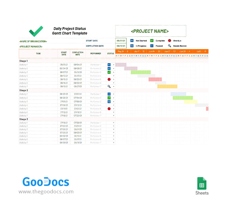 Gráfico de Gantt diário do status do projeto. - free Google Docs Template - 10063198