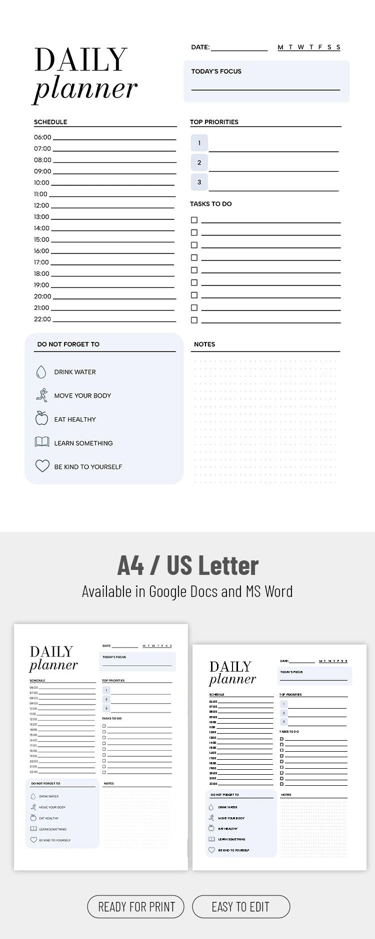 Preview of Daily Routine Planner for Google Docs and Microsoft Word