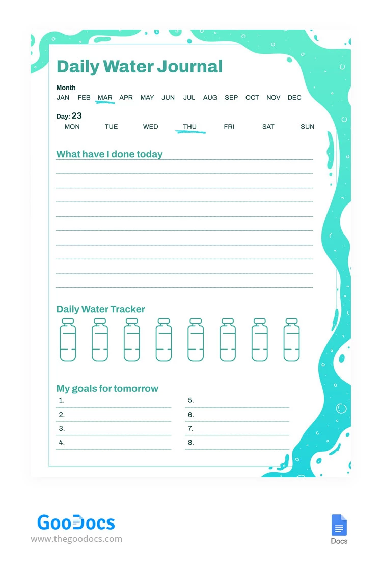 Daily Water Journal - free Google Docs Template - 10065438