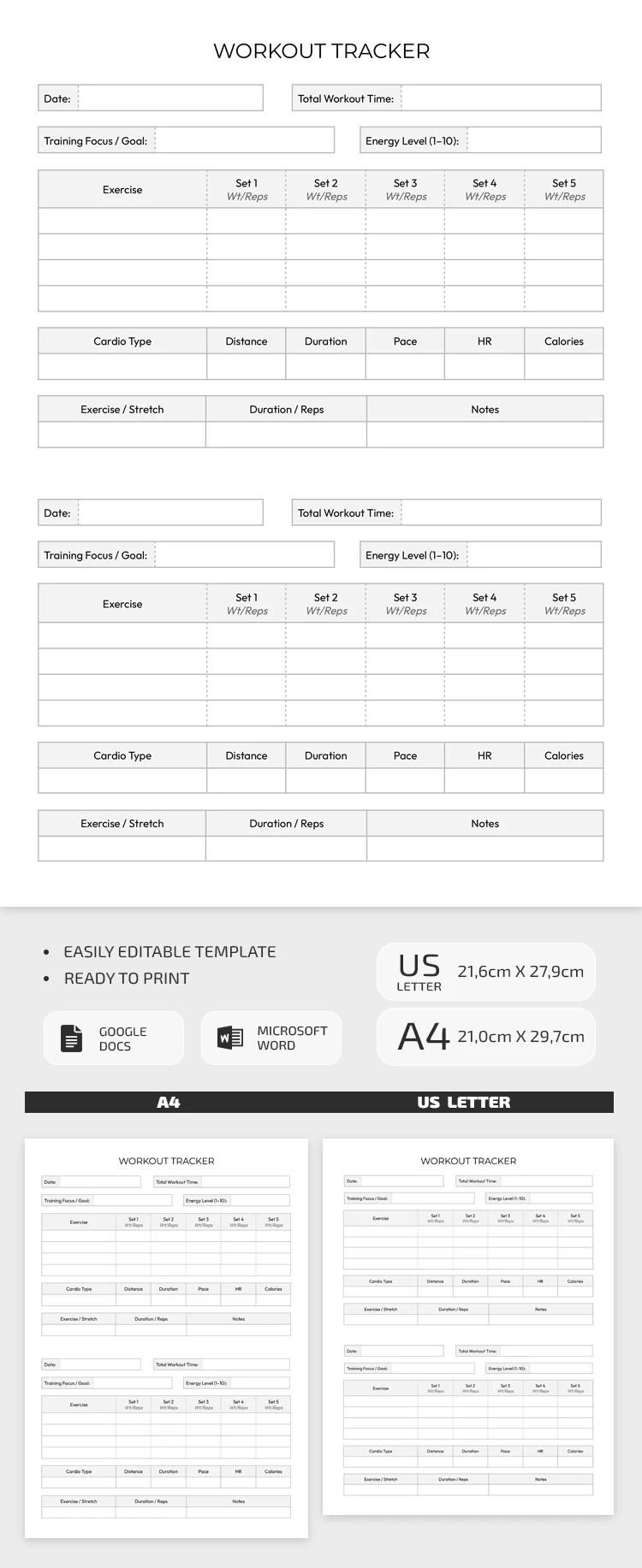 Simple Daily Workout Planner Template - free Google Docs Template - 10072577