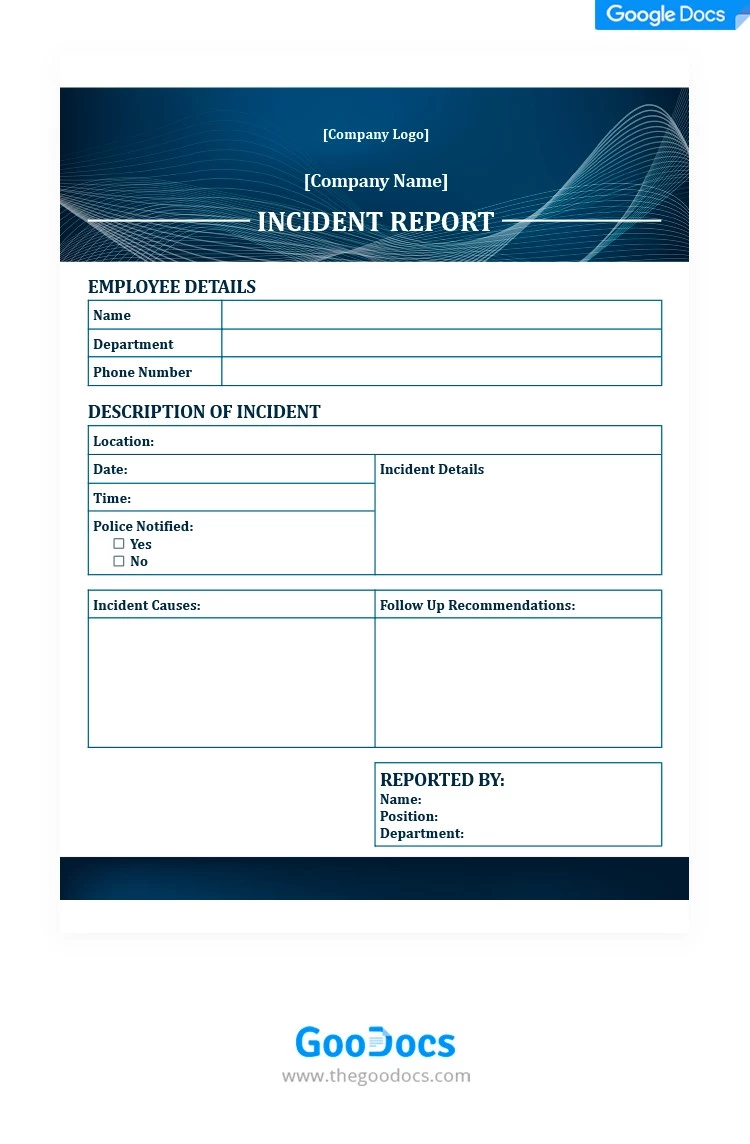 Informe de incidente en Azul Oscuro. - free Google Docs Template - 10062096