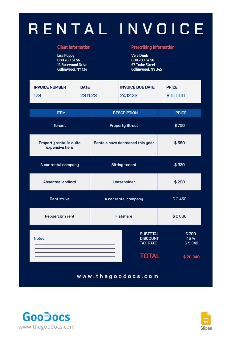 Dark Blue Rental Invoice - free Google Docs Template - 10064687