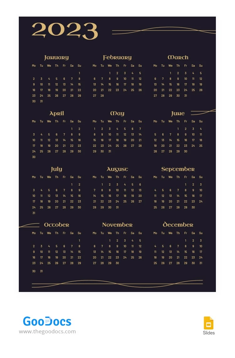 Año calendario oscuro dorado. - free Google Docs Template - 10064988