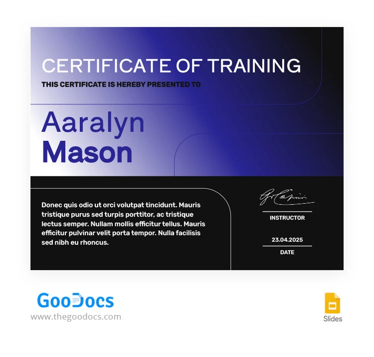 Certificado de Treinamento em Gradiente Escuro - free Google Docs Template - 10065680