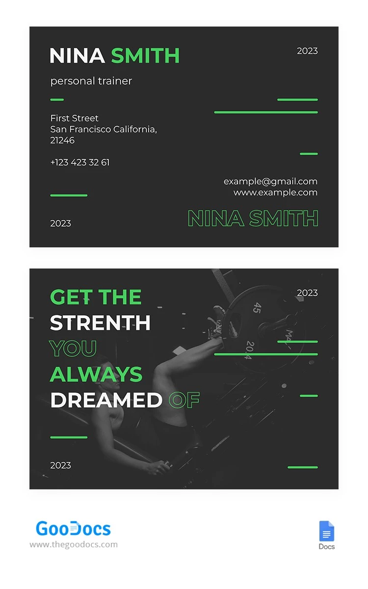 Cartão de visita do Personal Trainer de cor verde escuro. - free Google Docs Template - 10065682