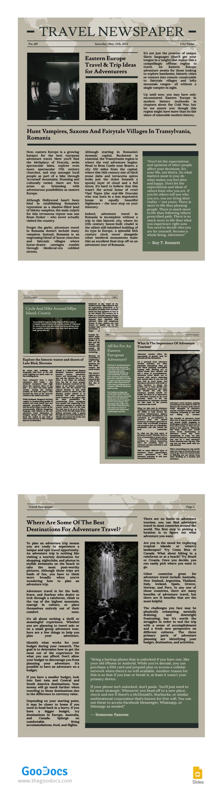 Periódico de Viajes de color verde oscuro - free Google Docs Template - 10065203