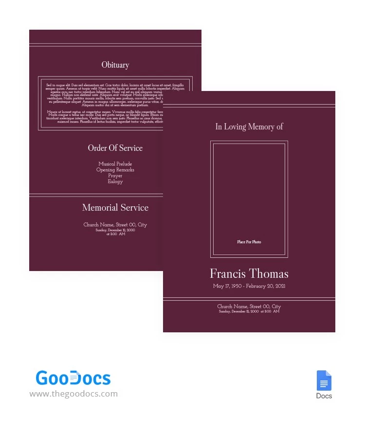 Programa de Funeral Magenta Oscuro - free Google Docs Template - 10063746