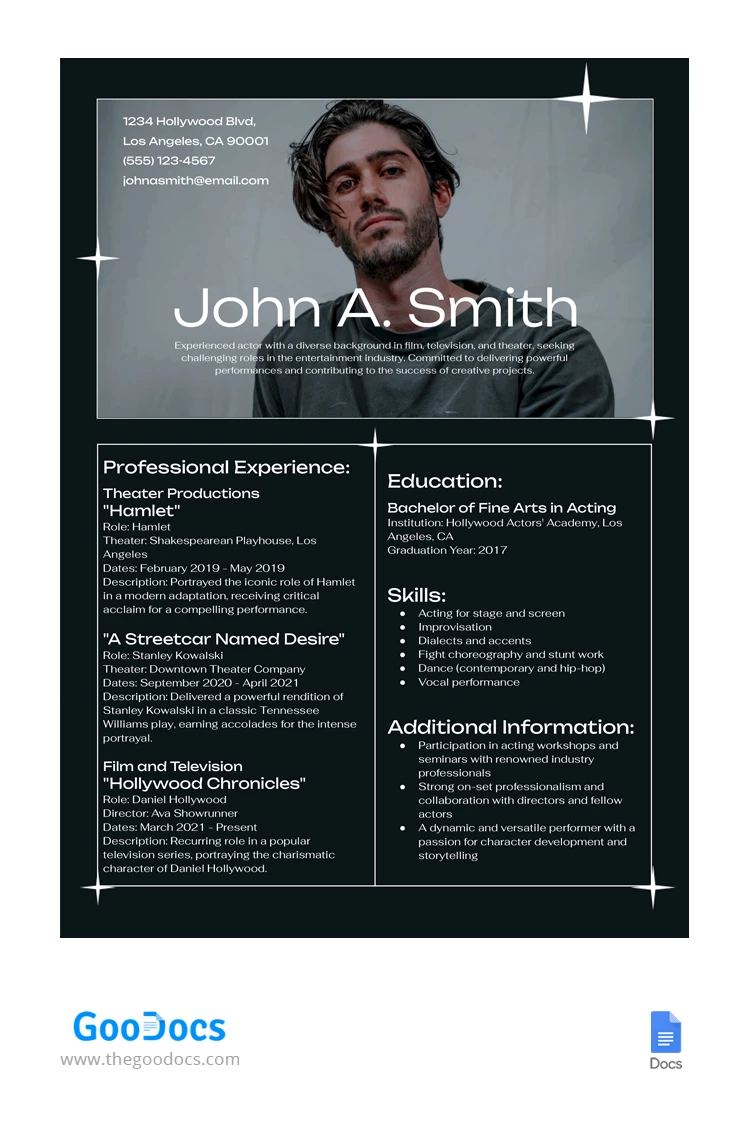 Dark Minimalist Actor Resume - free Google Docs Template - 10067262