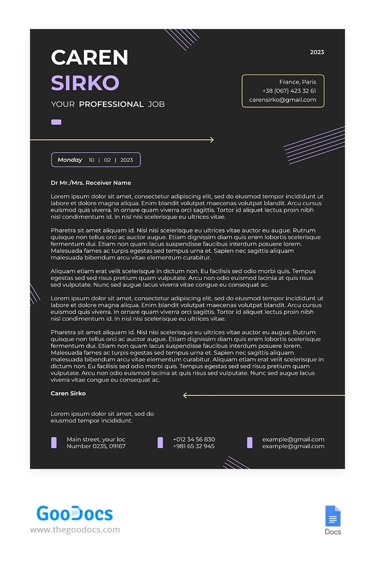 Dark Personal Cover Letter - free Google Docs Template - 10065816