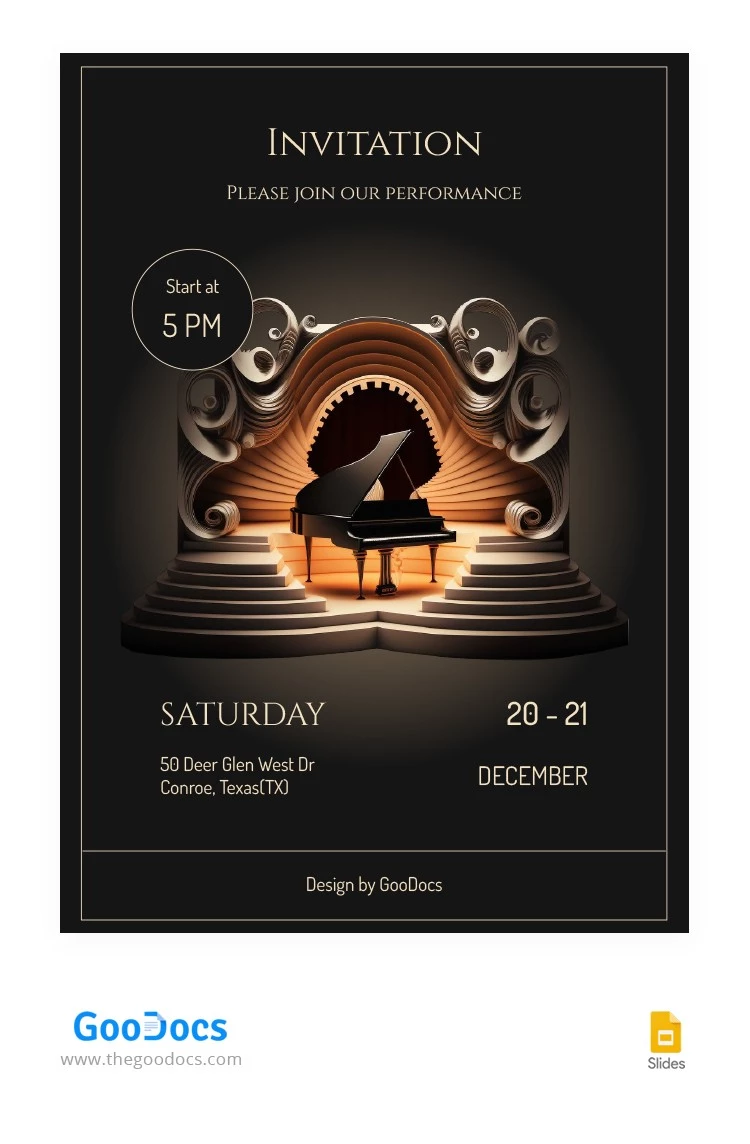 Invitación a Clases de Piano Oscuro - free Google Docs Template - 10065942