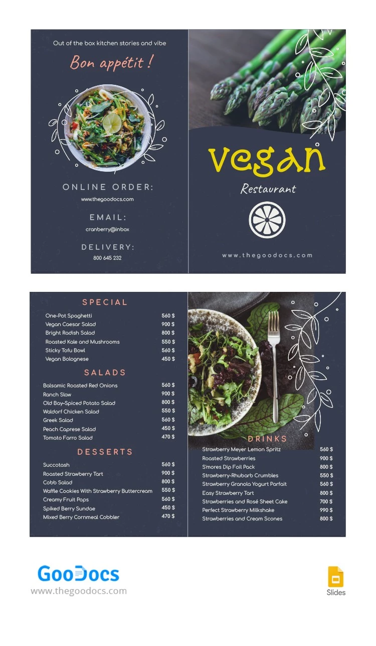 Menu do Restaurante Vegano Escuro - free Google Docs Template - 10064002