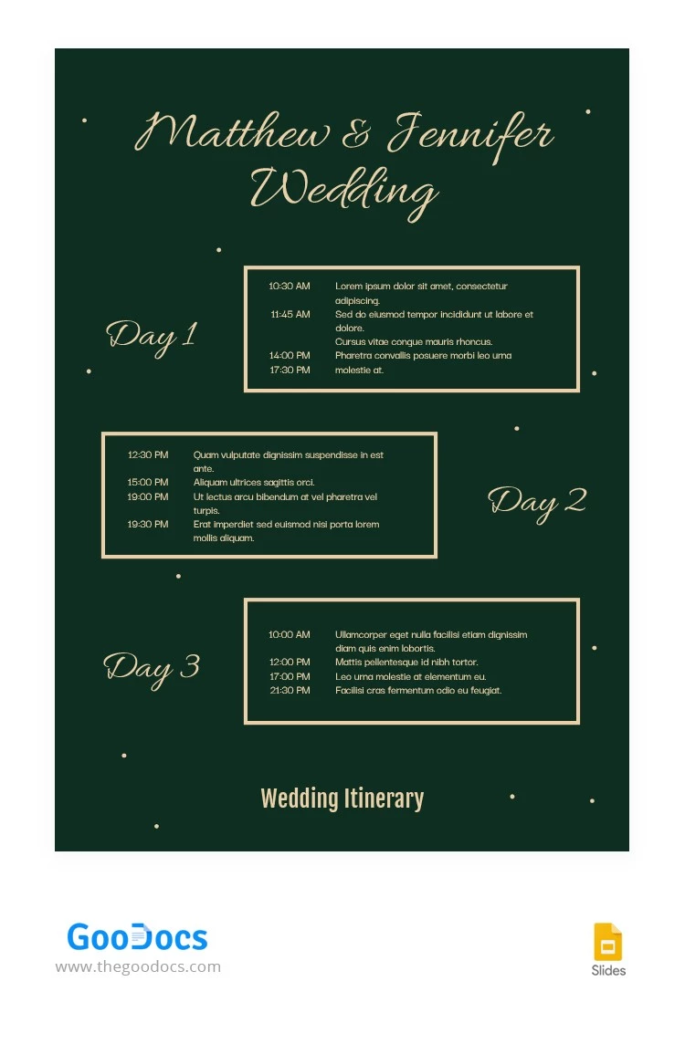 Deep Green Wedding Itinerary - free Google Docs Template - 10063240