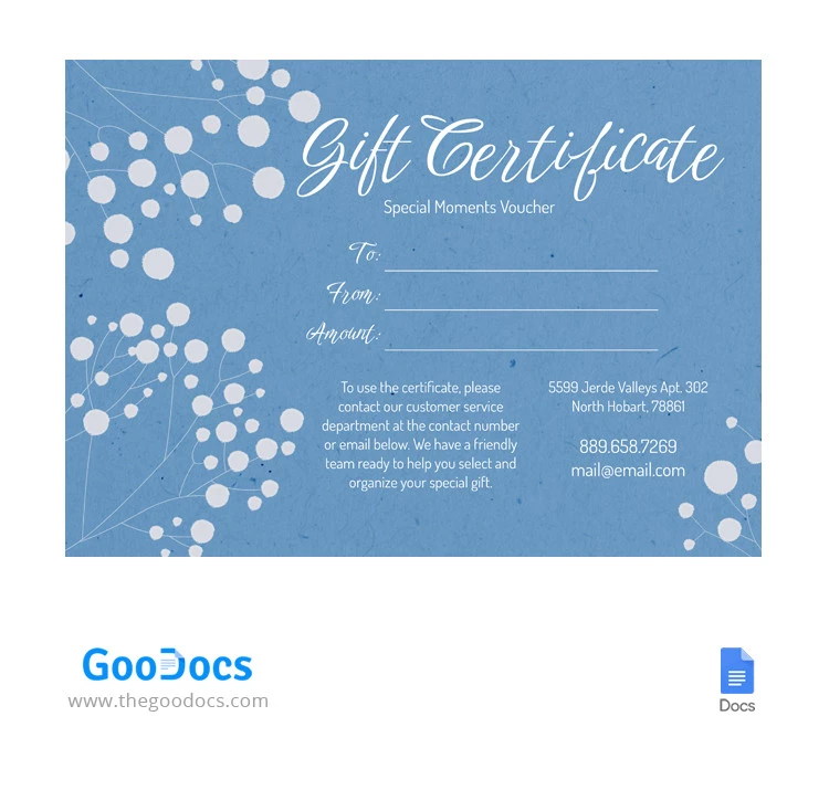 Certificat-cadeau délicat bleu - free Google Docs Template - 10066394
