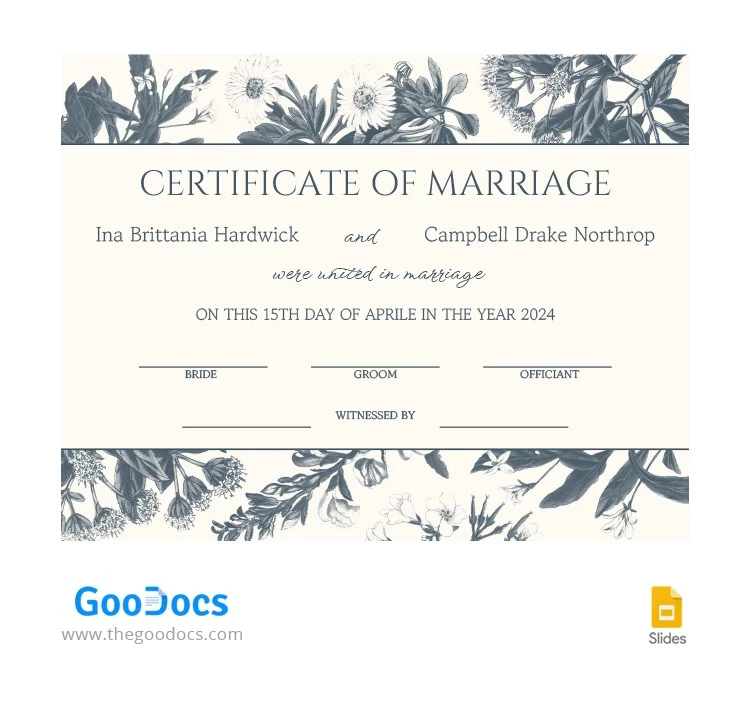Certificat de mariage délicat et floral - free Google Docs Template - 10065204