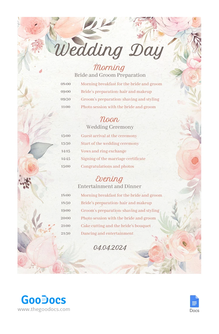 Delicate Light Watercolor Wedding Itinerary - free Google Docs Template - 10067414