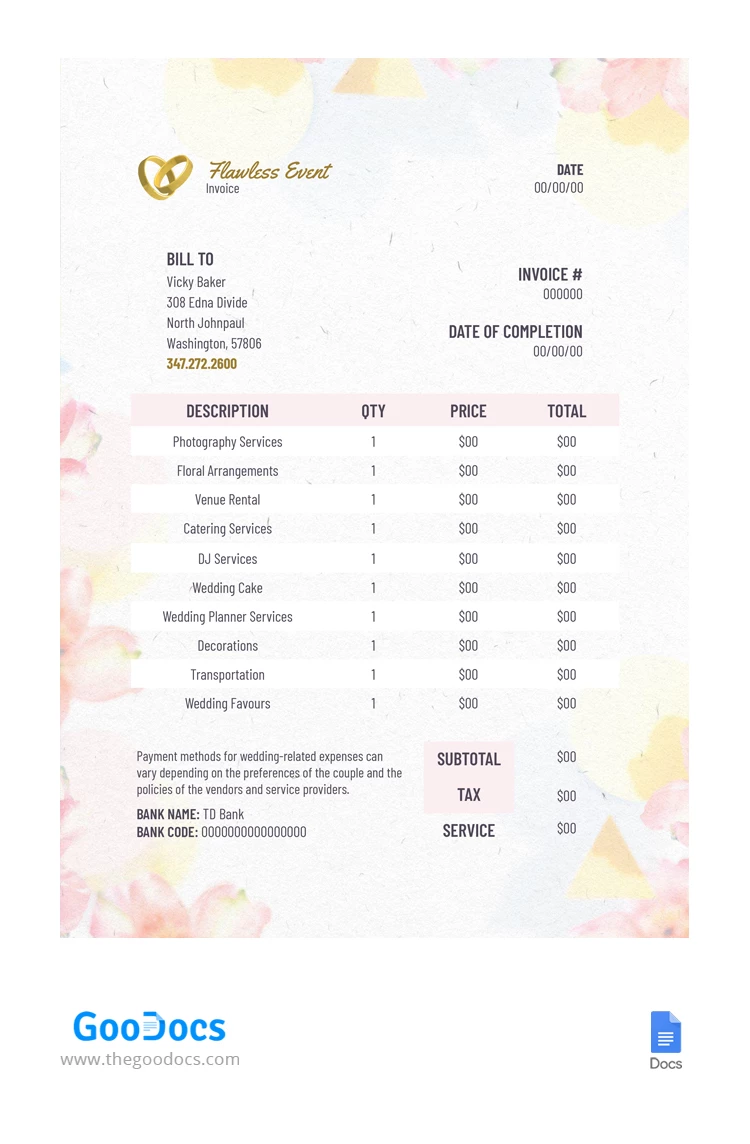 Delicate Light Wedding Invoices - free Google Docs Template - 10067239
