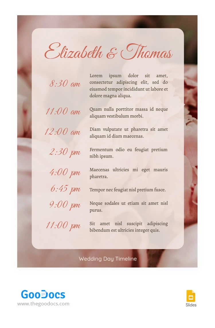Cronograma de la delicada boda de peonías - free Google Docs Template - 10062965