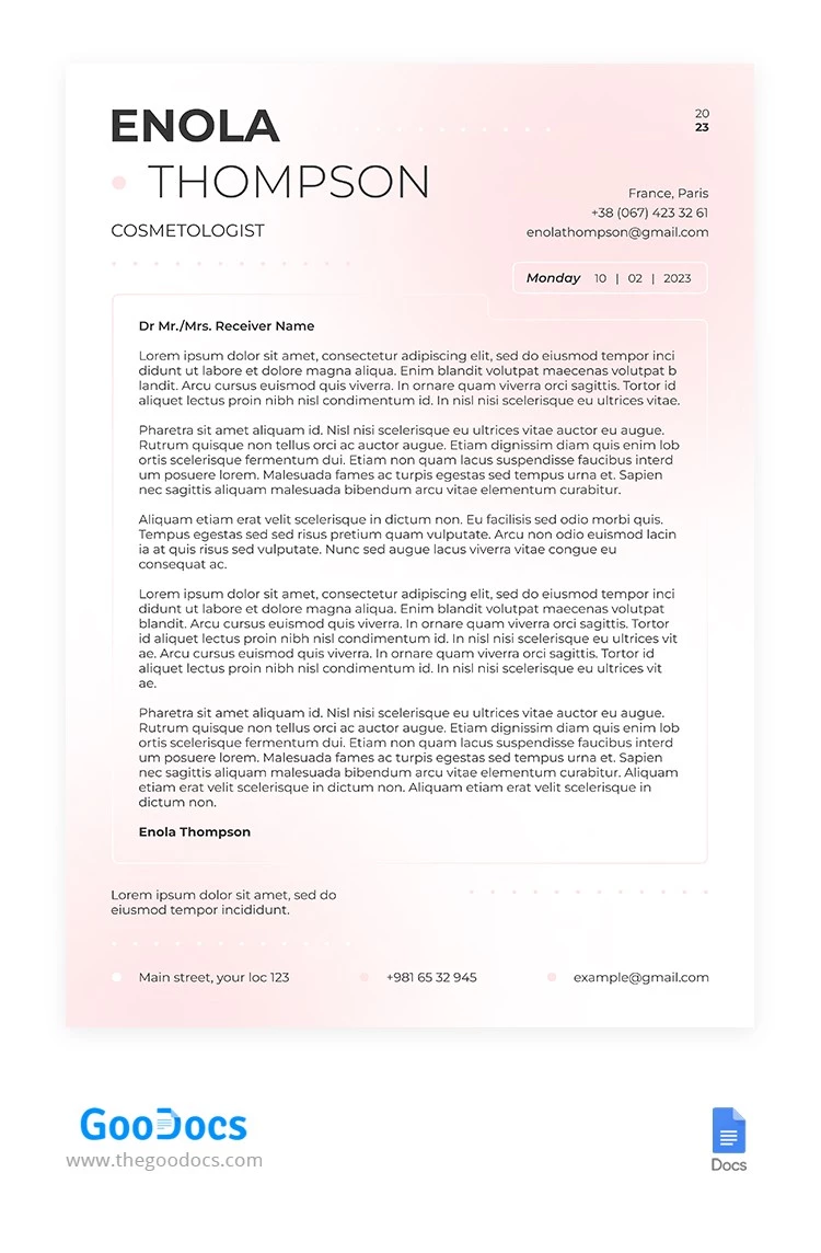 Deliziosa lettera di presentazione per cosmetologi rosa - free Google Docs Template - 10066141