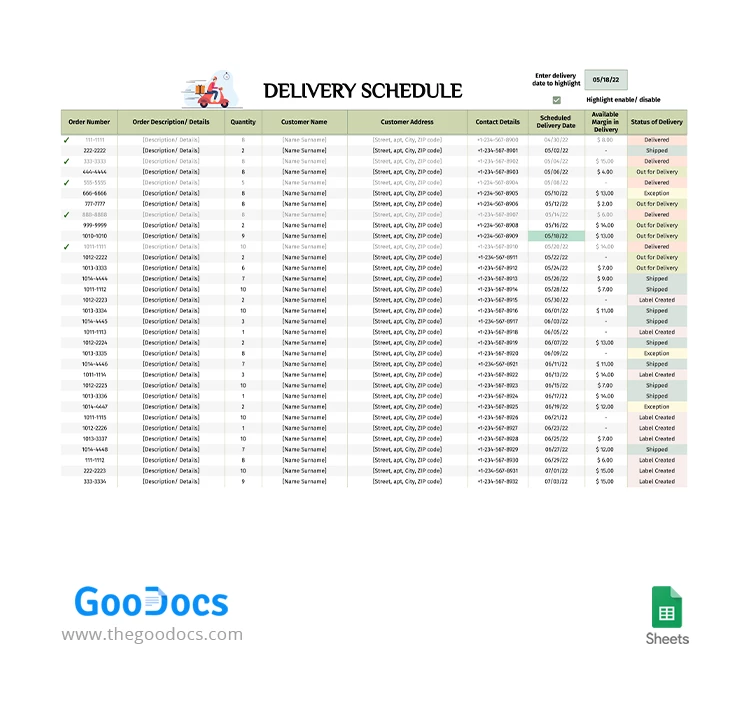 Delivery Schedule - free Google Docs Template - 10063951