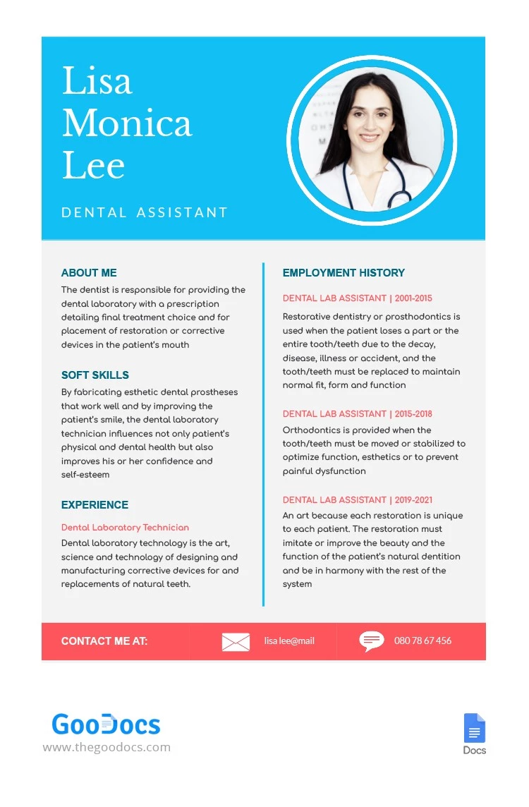 Dental Assistant Resume - free Google Docs Template - 10062529