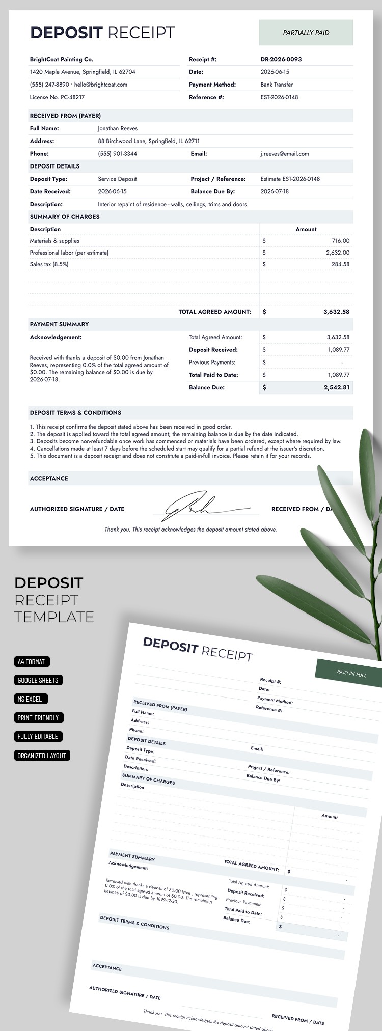 Free Deposit Receipt Template In Google Sheets