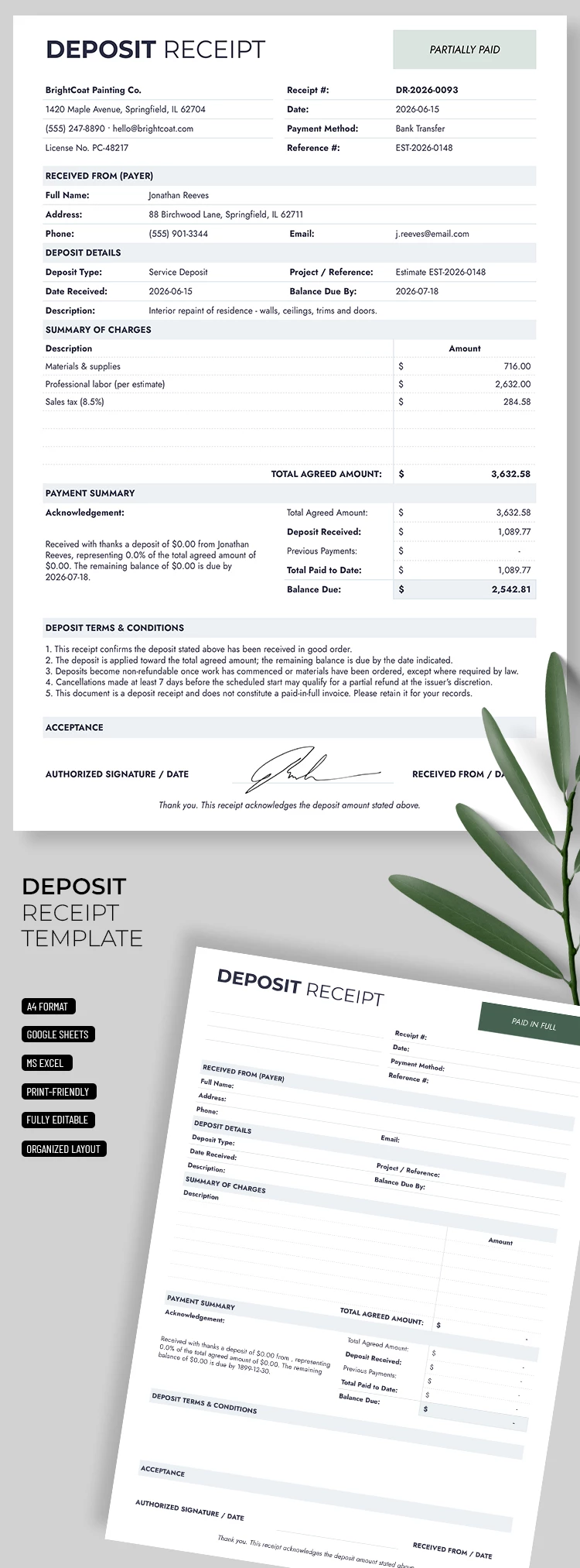 Preview of Deposit Receipt Template for Google Sheets and Microsoft Excel