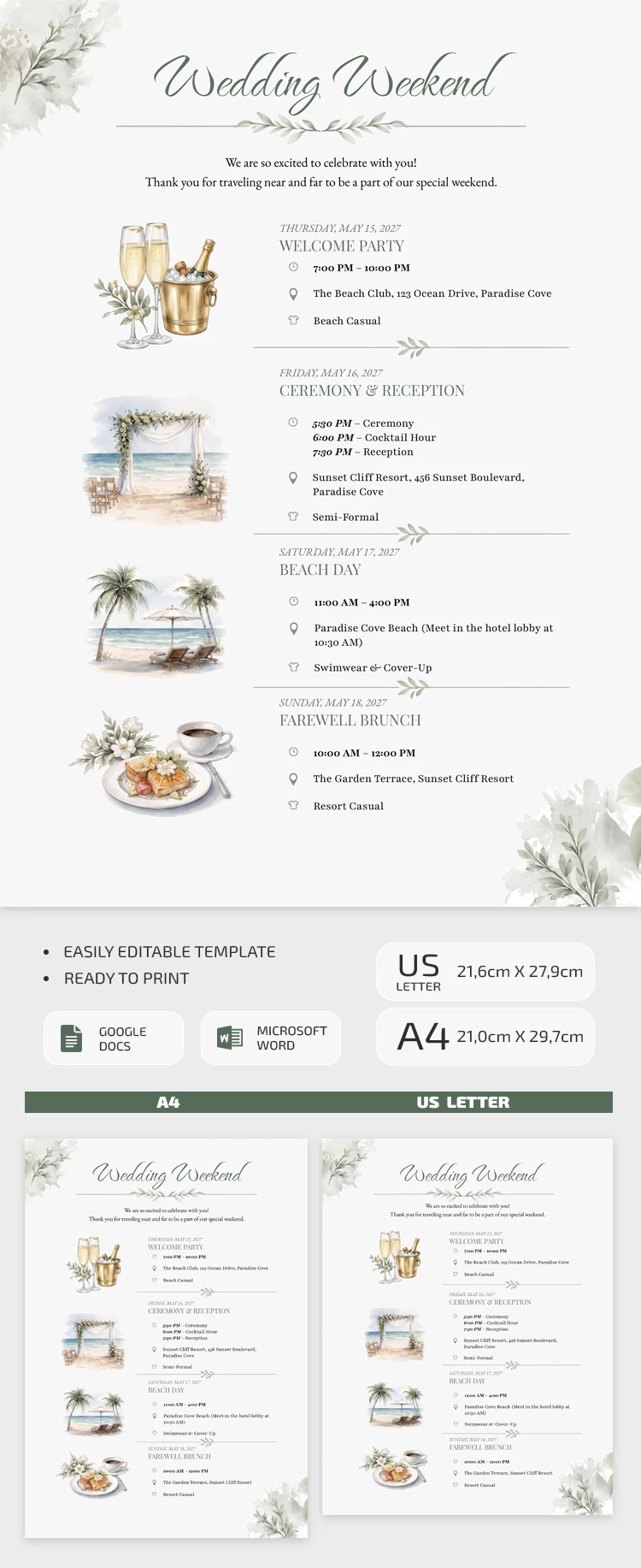 Preview of Destination Wedding Itinerary Template for Google Docs and Microsoft Word