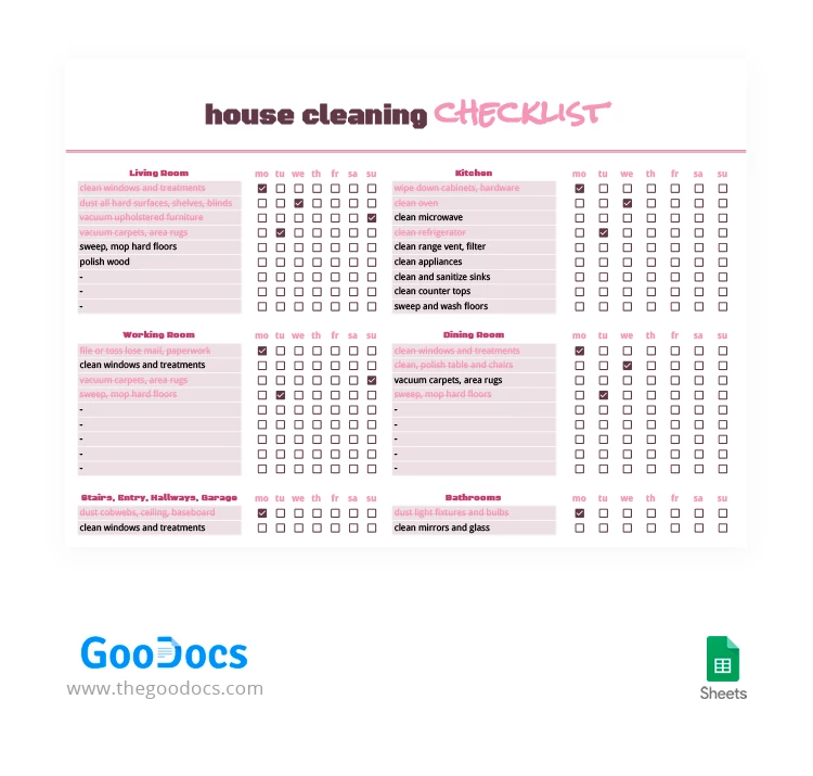 Detailed Weekly Cleaning Checklist - free Google Docs Template - 10062492