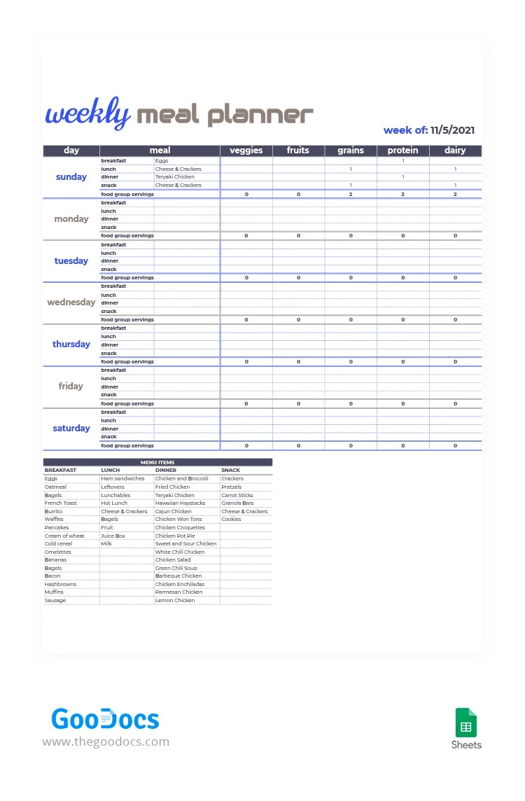 Detailed Weekly Meal Planner - free Google Docs Template - 10062501
