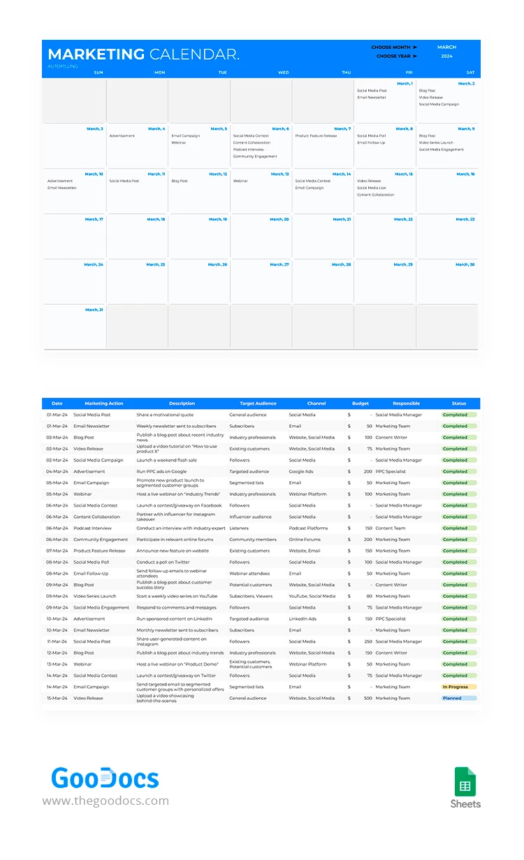 Digital Marketing Calendar - free Google Docs Template - 10068398