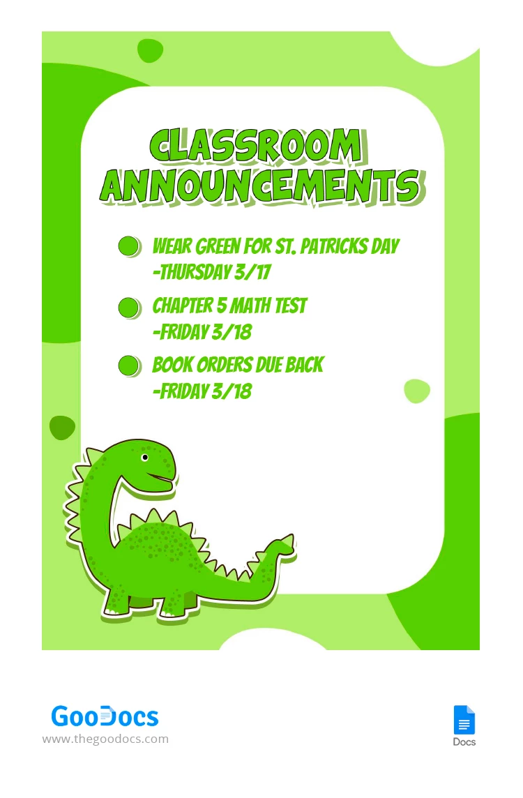 Dino Classroom Announcement - free Google Docs Template - 10066906