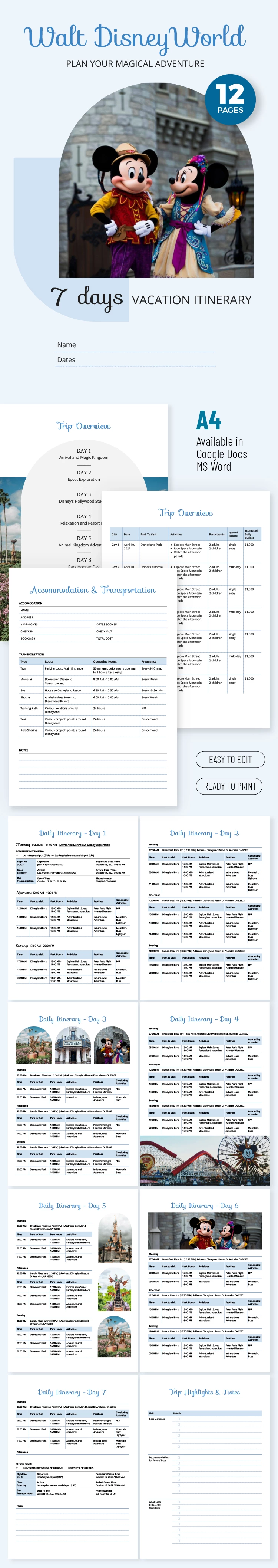 Disney Itinerary - free Google Docs Template - 10069298