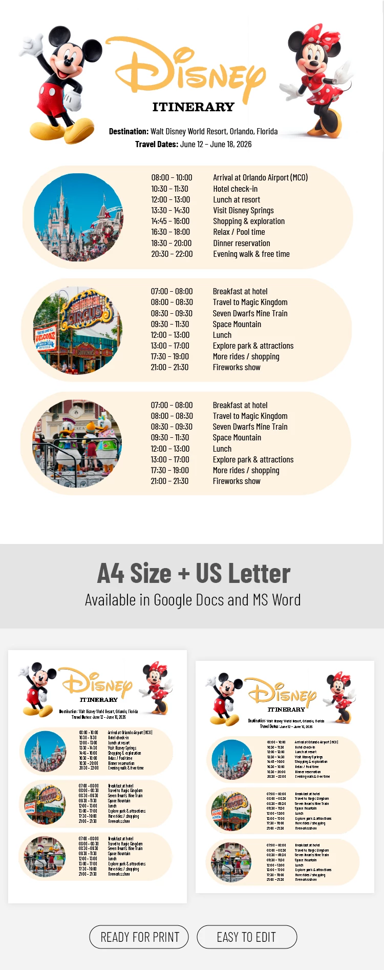 Anteprima di Disneyland Itinerario Modello per Google Docs and Microsoft Word