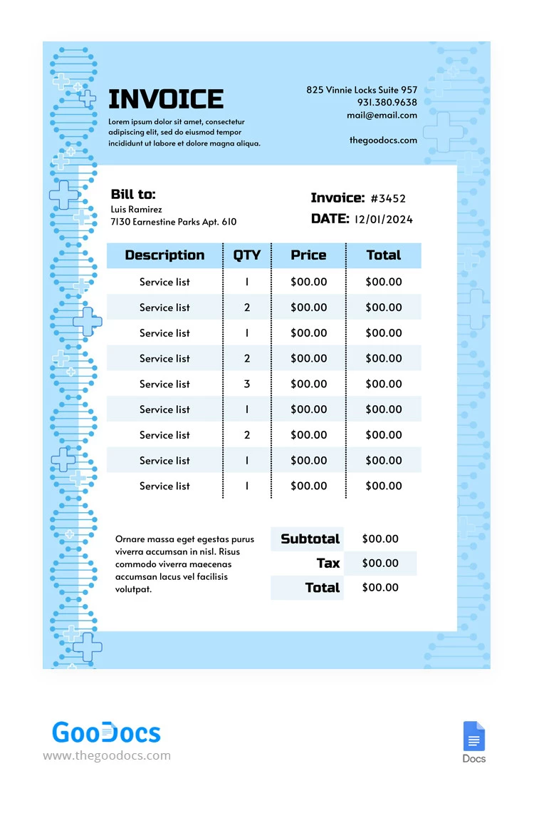 Fatura médica de DNA - free Google Docs Template - 10065466