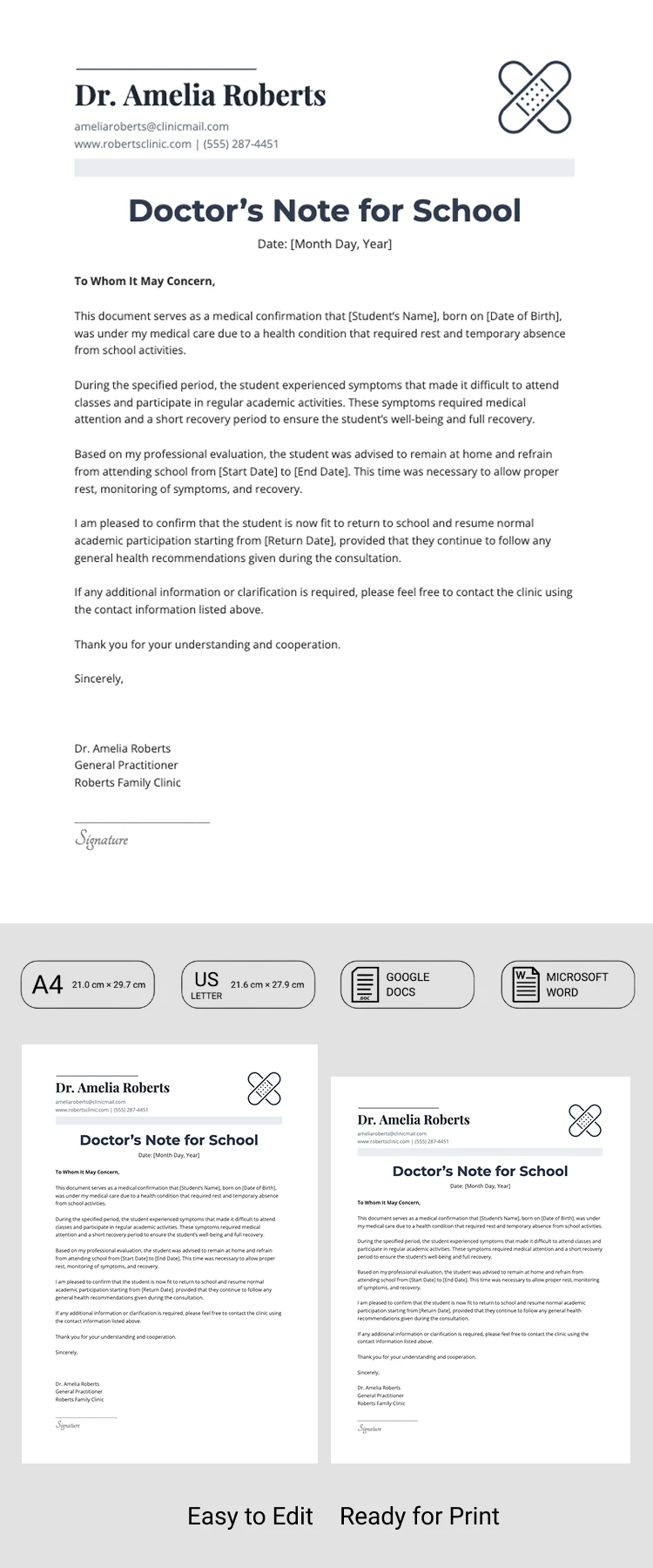 Vista previa de Nota del doctor para la plantilla de la escuela para Google Docs and Microsoft Word