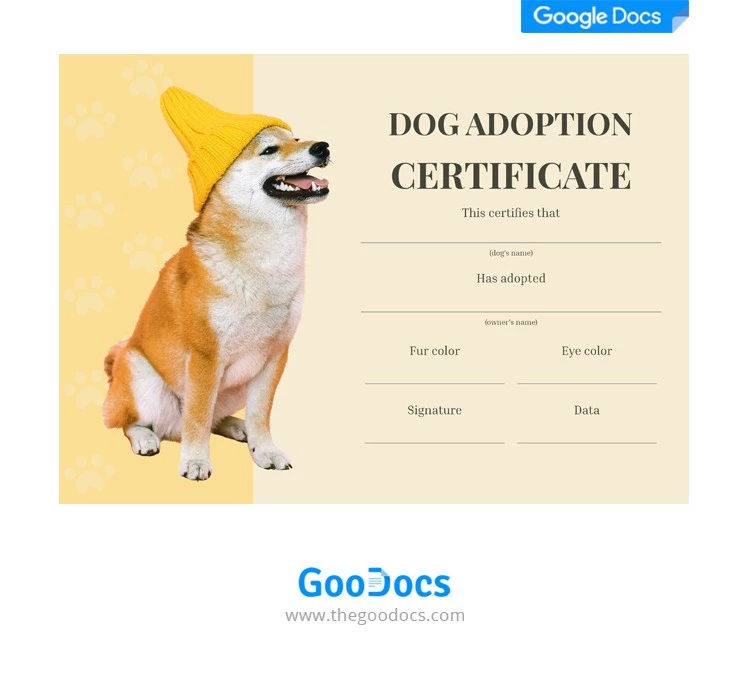 Certificado de adoção de cães - free Google Docs Template - 10062104