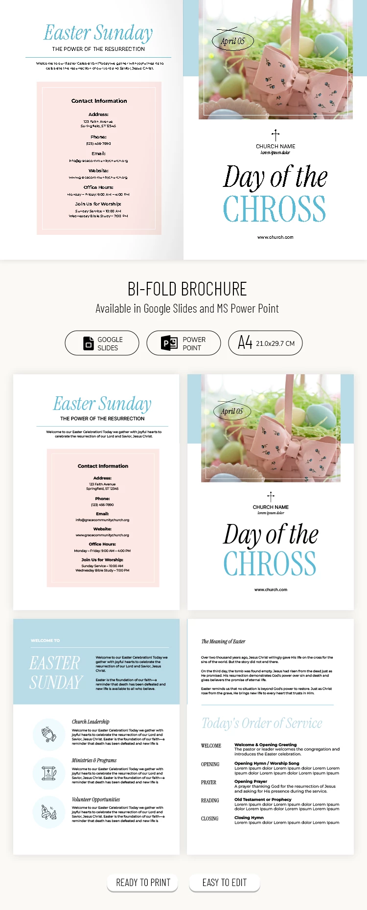 Preview of Bifold Easter Church Brochure Template for Google Slides and Microsoft PowerPoint