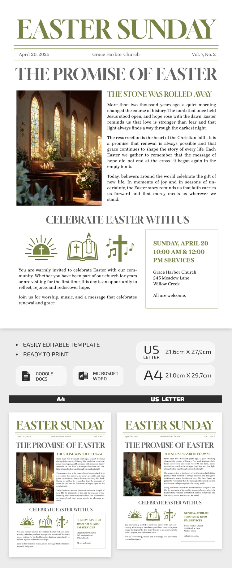 Pré-visualização de Modelo de Boletim da Igreja para o Domingo de Páscoa para Google Docs and Microsoft Word