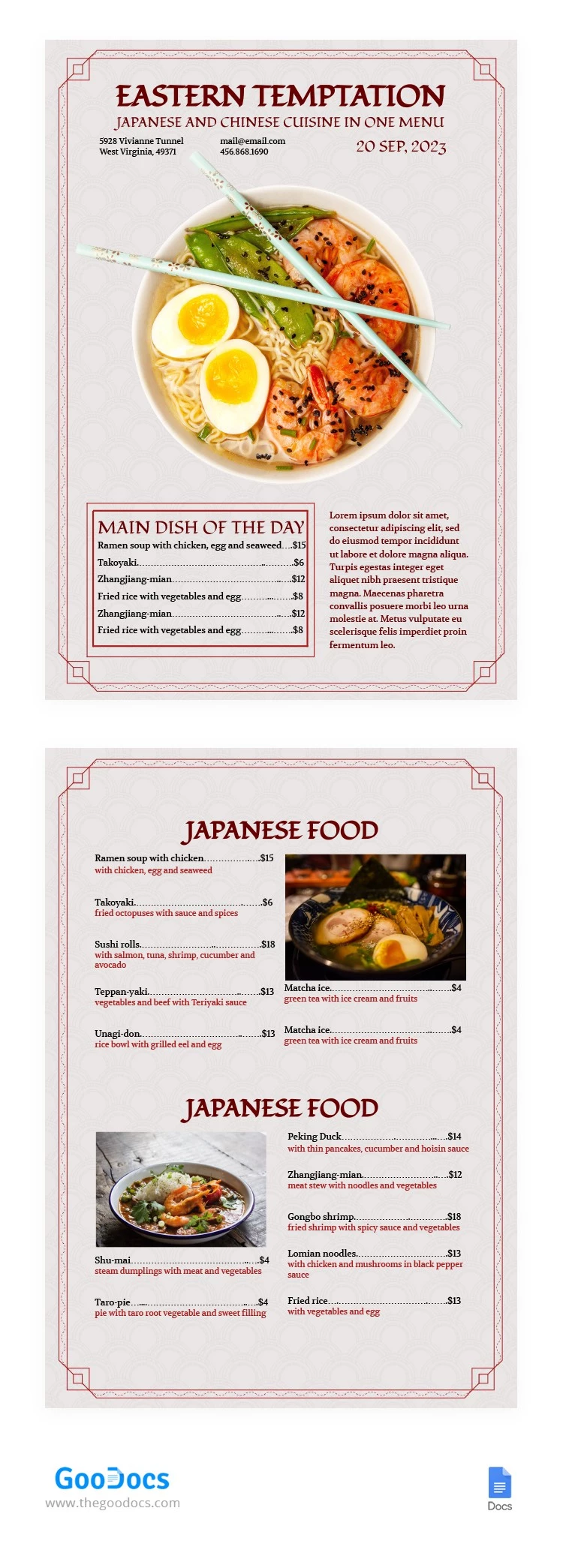 Cardápio de Restaurante do Jornal Oriental - free Google Docs Template - 10065895