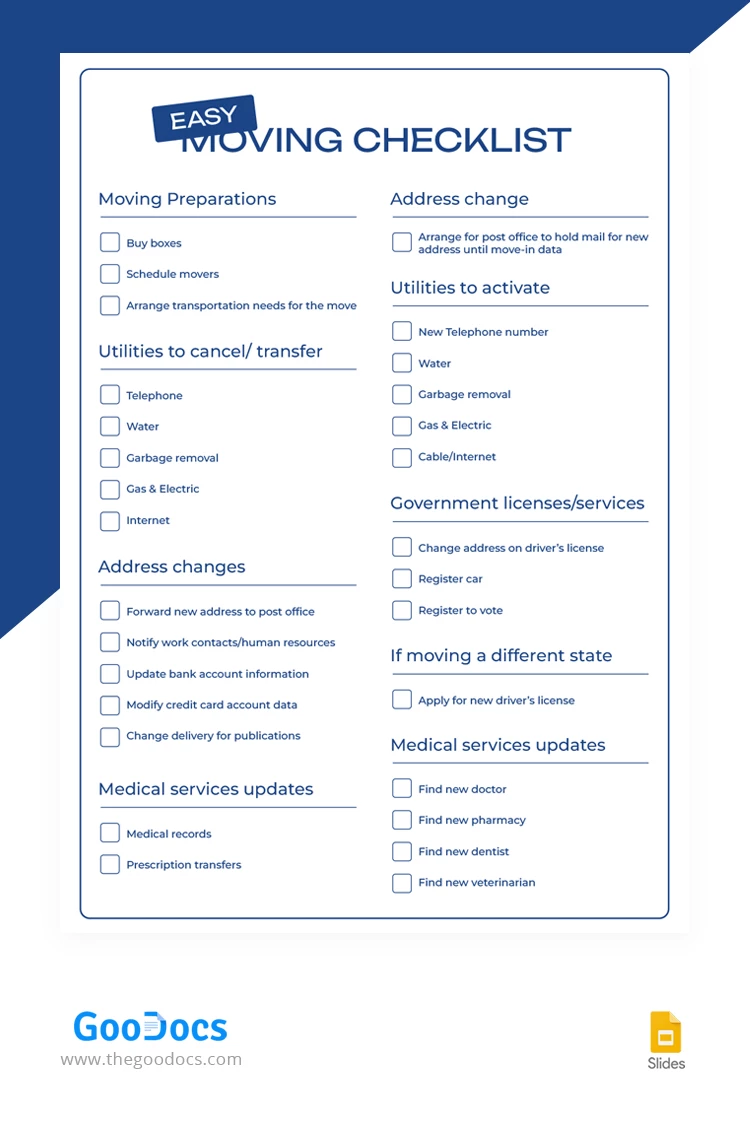 Easy Moving Checklist - free Google Docs Template - 10067724