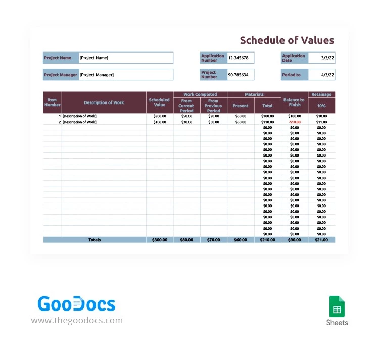 Easy Schedule of Values - free Google Docs Template - 10062929