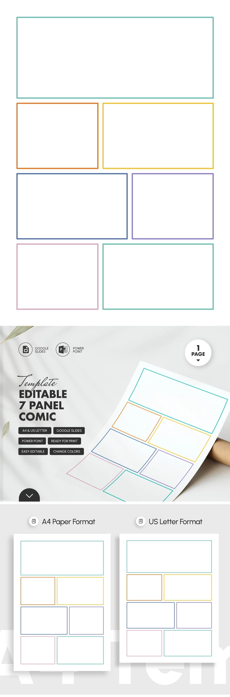 Preview of Editable 7 Panel Comic Template for Google Slides and Microsoft PowerPoint