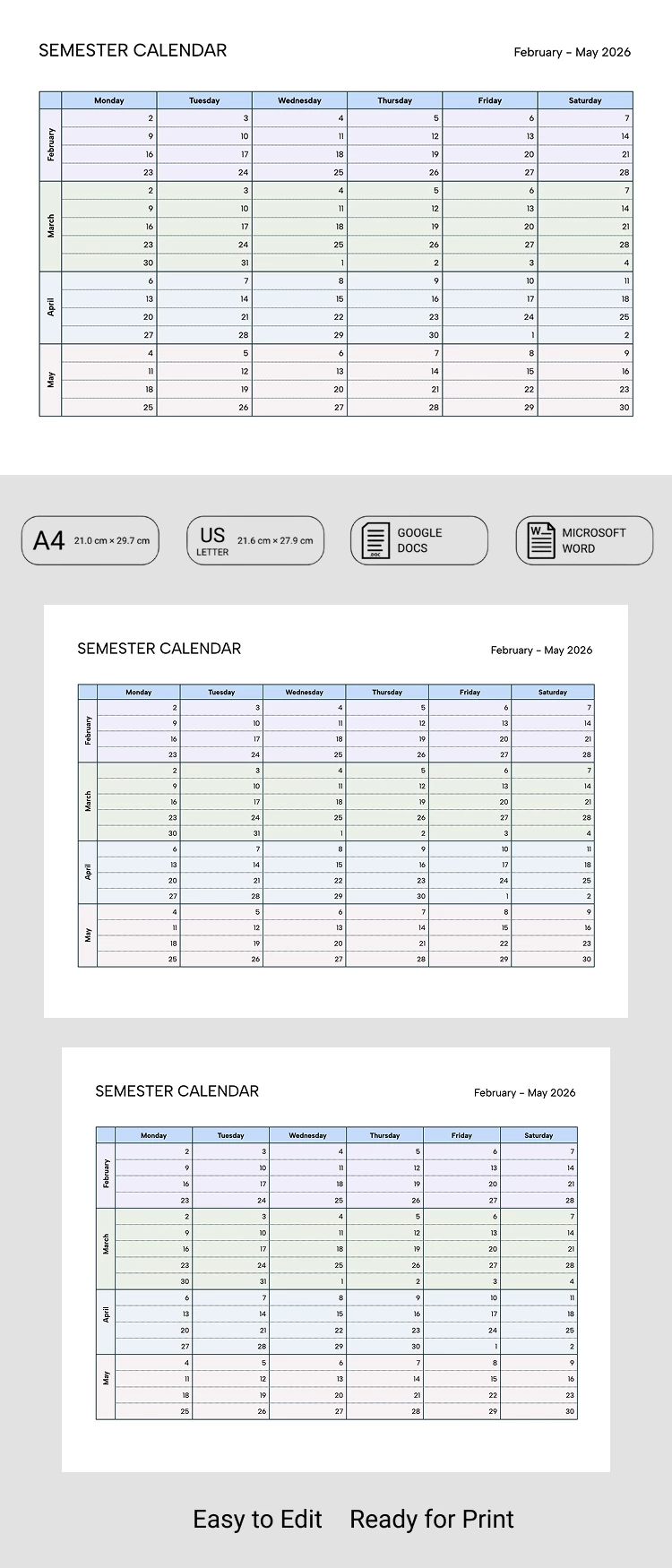 Modèle de calendrier académique modifiable - Calendrier du semestre - free Google Docs Template - 10072134