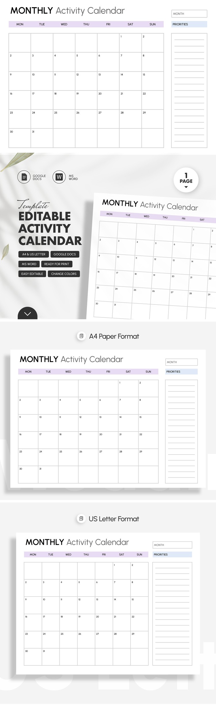 Free Editable Activity Calendar Template Schedule Task Organizer