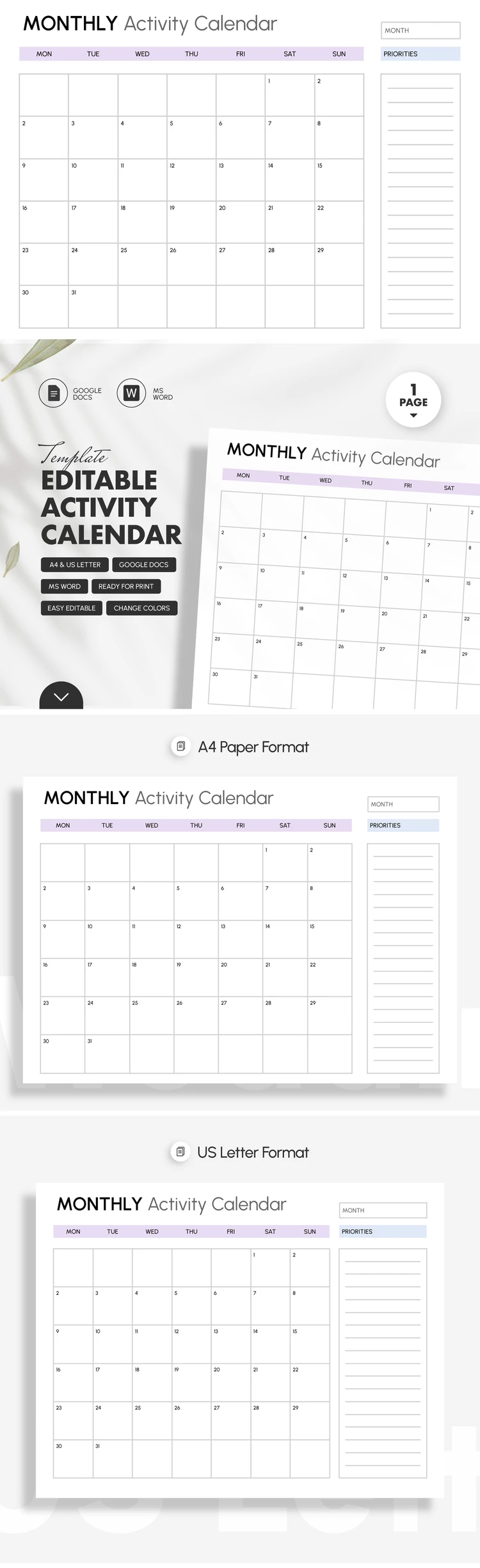 Editable & Printable Activity Calendar Template - free Google Docs Template - 10072125